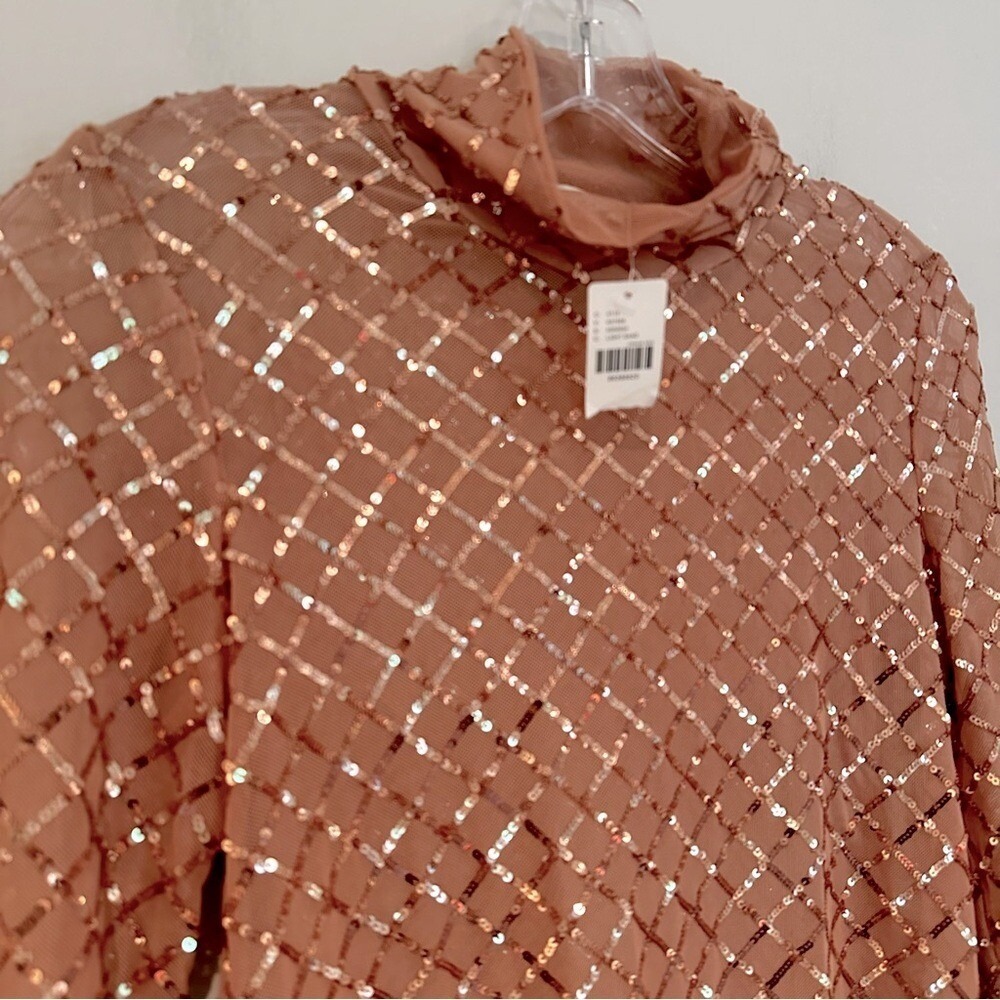 Pilcro Anthropologie Turtleneck Sequin Top Blouse Women's XS Light Sand Sheer - Picture 6 of 9